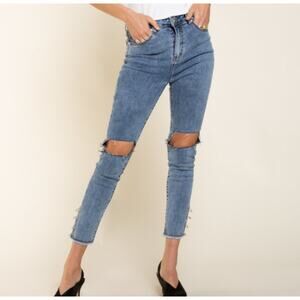 POL Distressed Cropped Jeans Silver Ring Hem Women’s Size Large